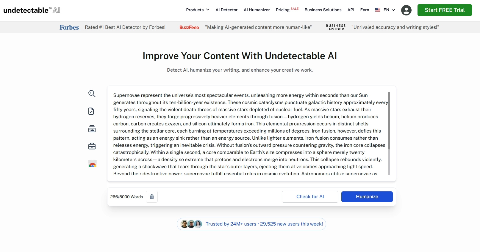 Undetectable AI homepage with an astronomy passage pasted into the humanizer, showing the 5,000-word input limit and the Check for AI and Humanize buttons