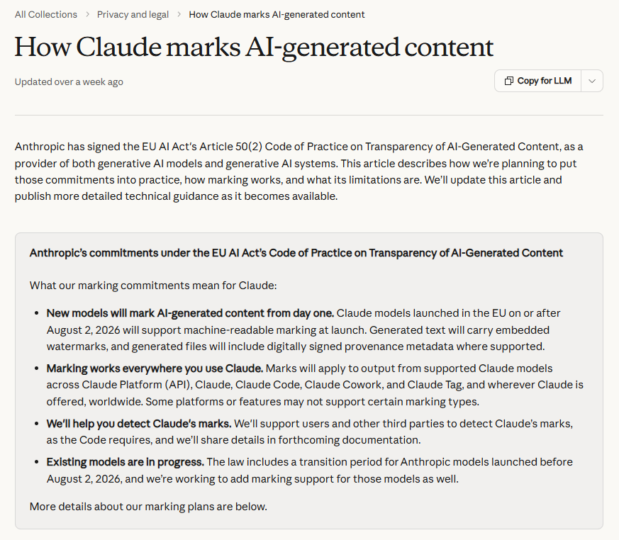 Anthropic's help-center policy article listing its marking commitments: new models mark from day one, marking applies worldwide across all Claude platforms, detection support is planned, and older models are in a transition period