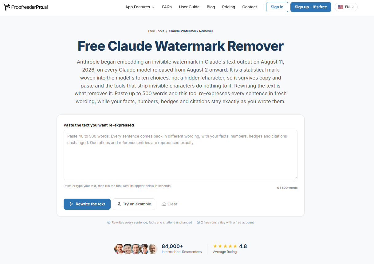 The free Claude watermark remover on ProofreaderPro.ai, which re-expresses every sentence of a marked passage in fresh wording while keeping facts, numbers, and citations unchanged