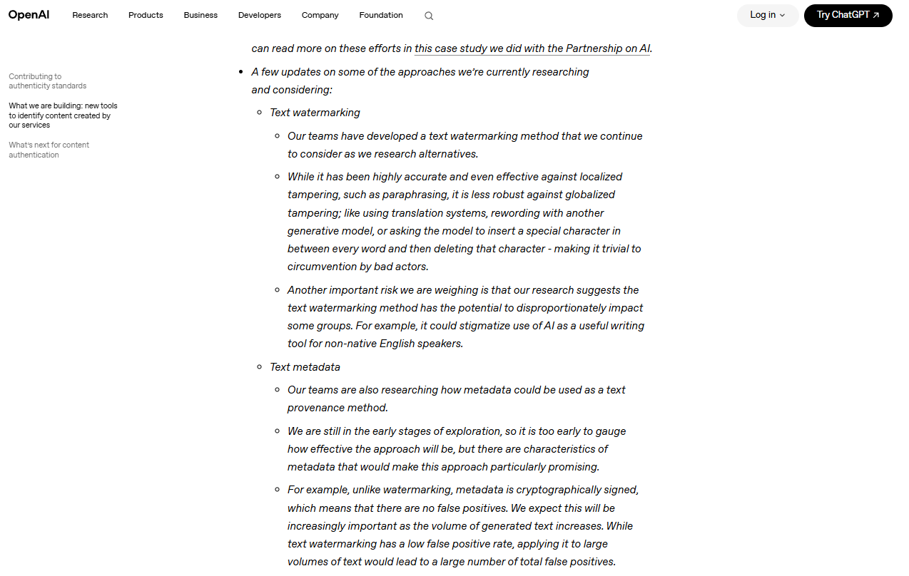 The text watermarking section of OpenAI's May 2024 provenance update, stating that a working text watermarking method exists, that it is vulnerable to translation and rewording, and that it could disproportionately impact non-native English speakers