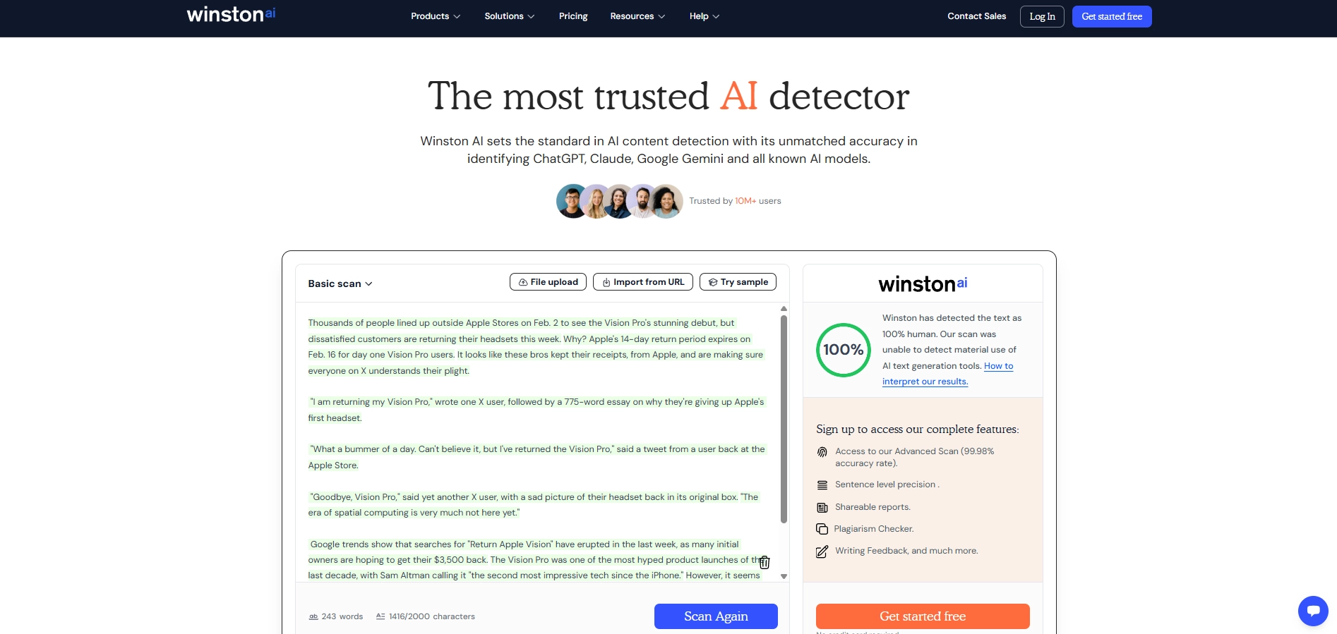 Winston AI basic scan जो 243 word tech news passage को 100% human रेट कर रहा है, साथ में file upload, URL import, और sample options हैं