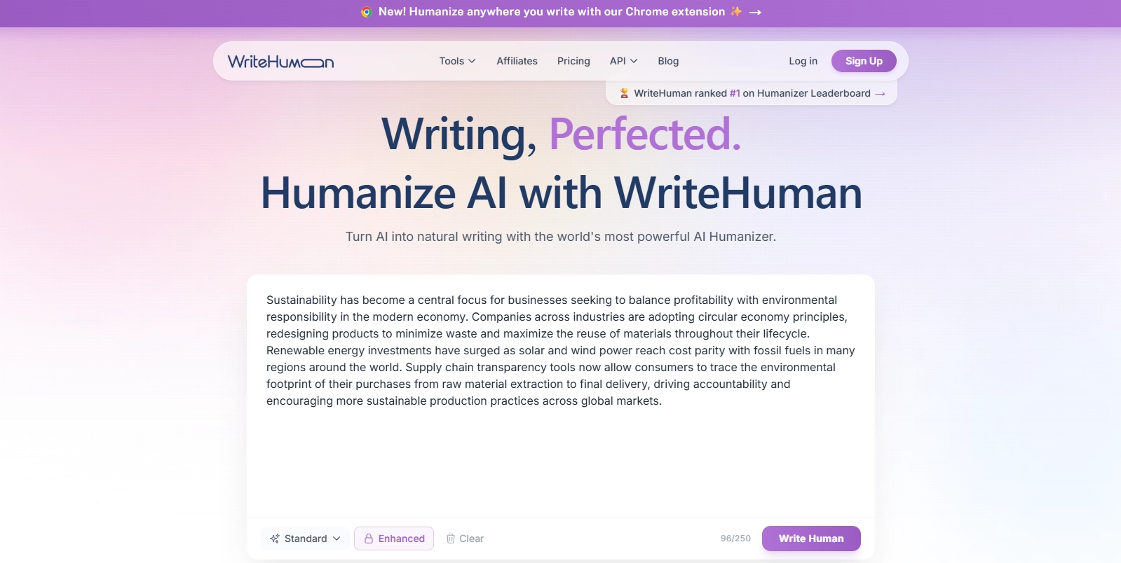 WriteHuman editor with a sustainability paragraph ready to humanize, showing Standard and Enhanced modes and the 250-word demo cap