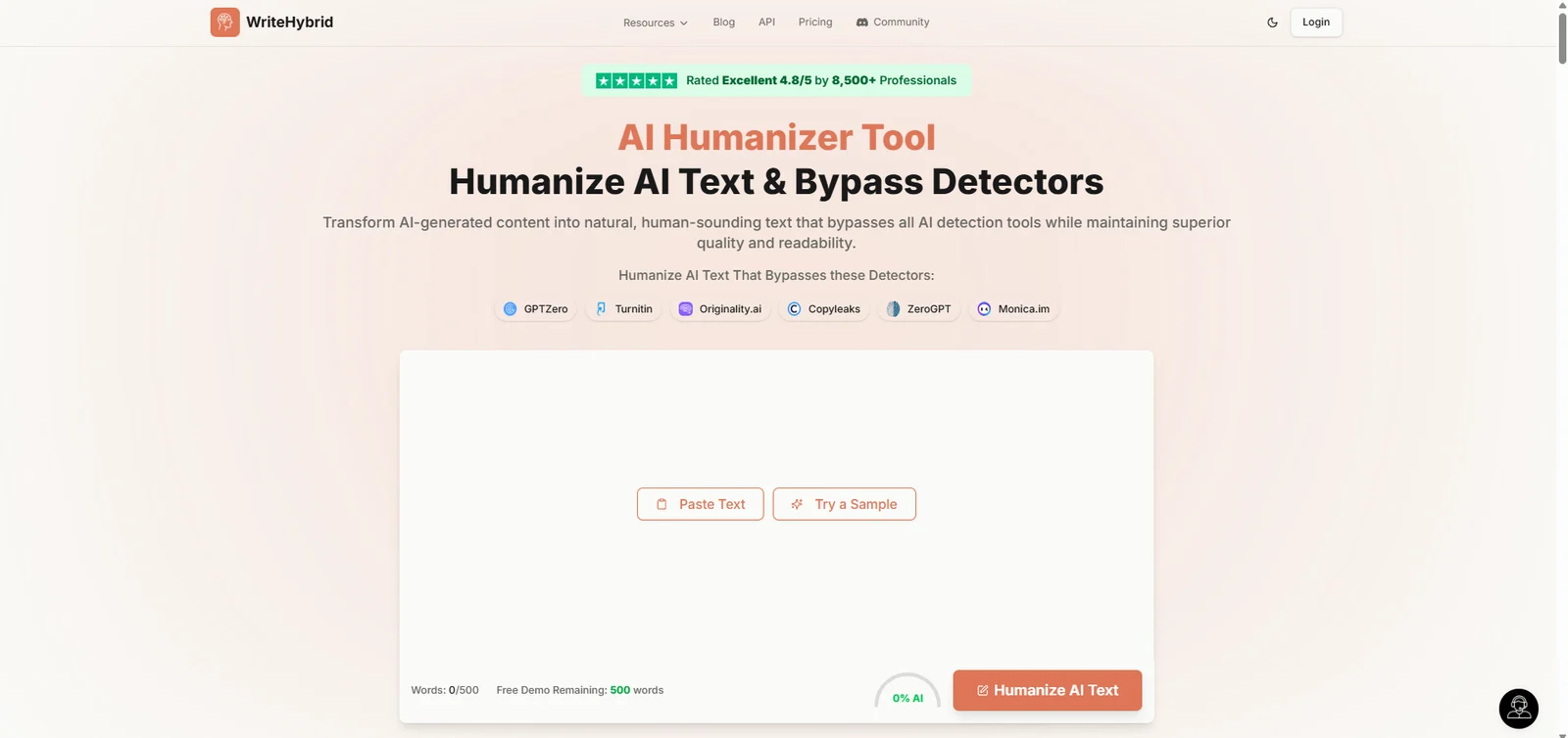 WriteHybrid's AI Humanizer Tool page, with a text box and Paste Text and Try a Sample buttons