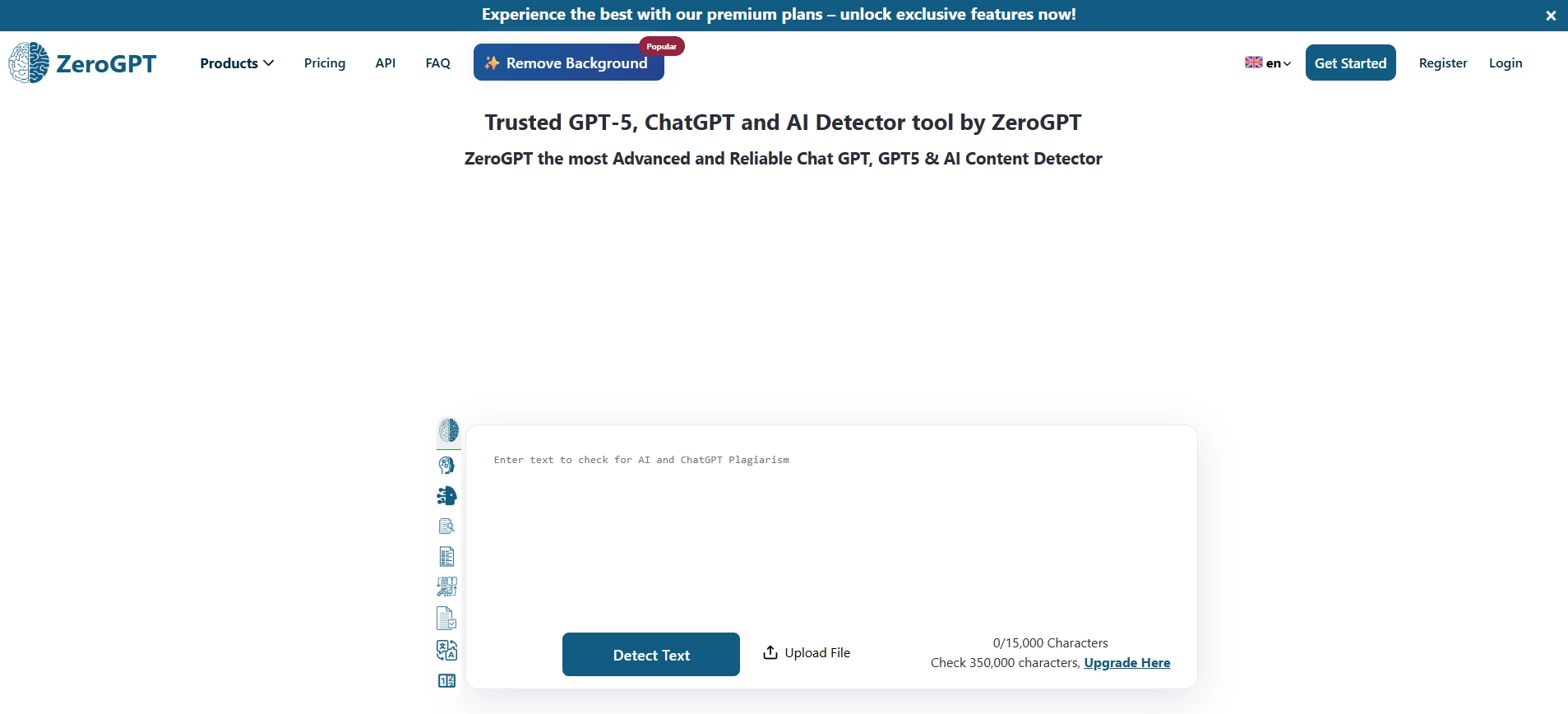 ZeroGPT AI detector page जिसमें AI और ChatGPT plagiarism check करने के लिए 15,000 character box और file upload option है