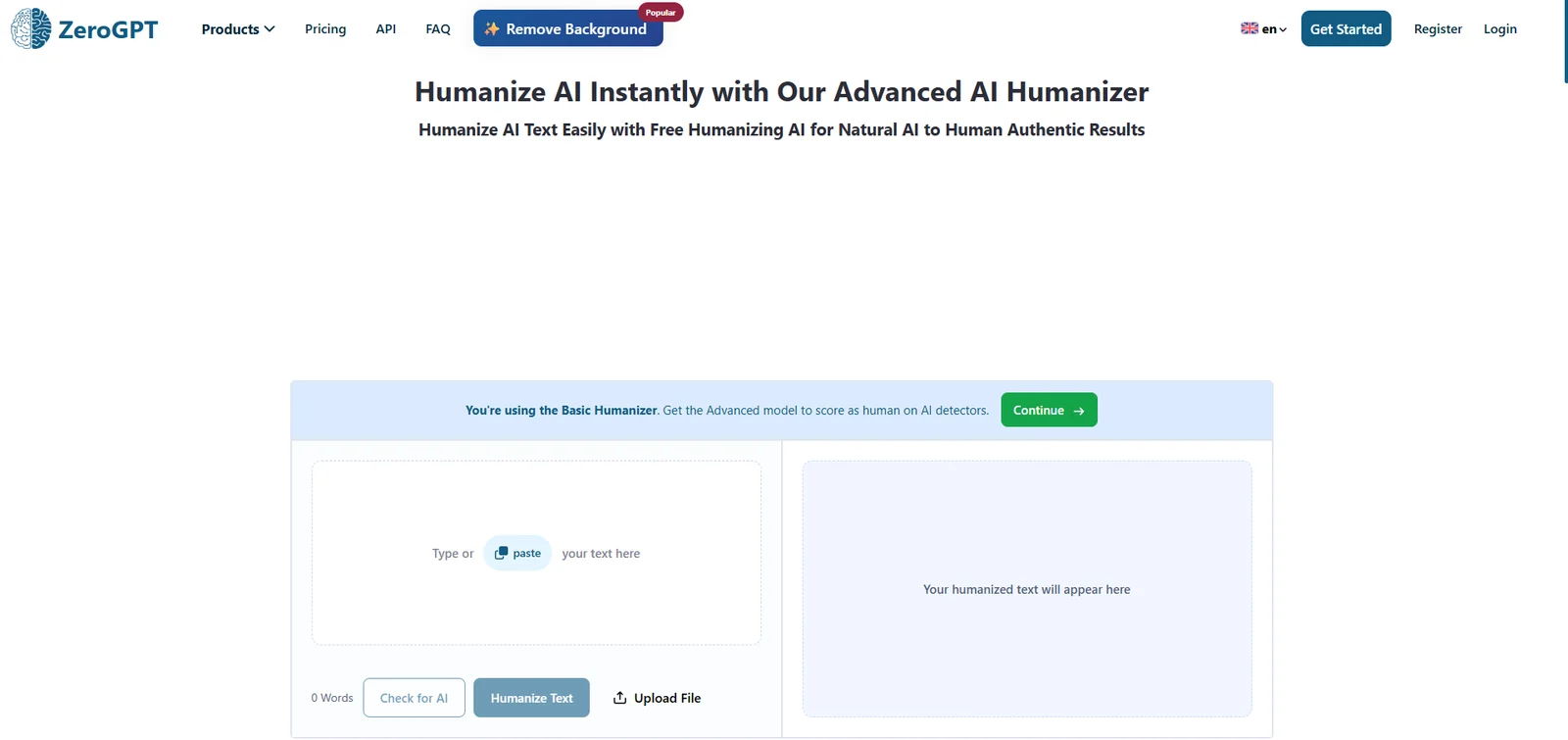 ZeroGPT's AI humanizer page, with a note about the Basic Humanizer, a text box and Upload File and Humanize buttons