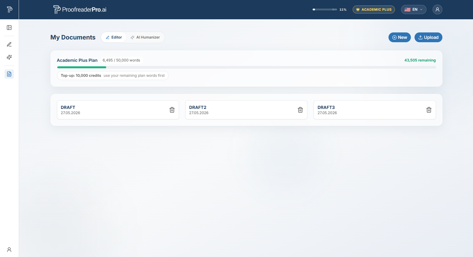 ProofreaderPro.ai dashboard home: My Documents list with the Editor and AI Humanizer tabs, plan usage bar, and the collapsed side panel rail