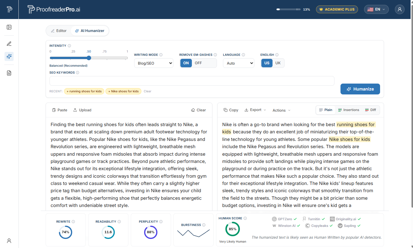 Blog/SEO mode with SEO keywords: the protected primary and long-tail keywords survive the rewrite and are highlighted in amber in the humanized output